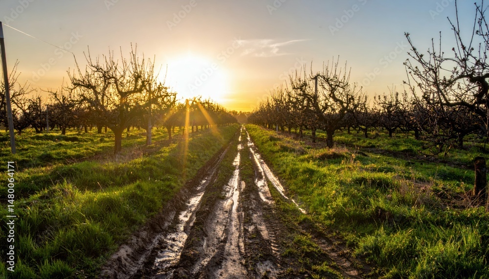 Fototapeta premium Sunrise over Orchard with Muddy Path and Vibrant Green Grass