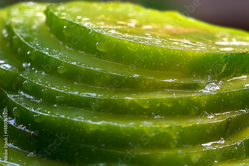 Close-up of vibrant green fruit slices, glistening with moisture, stacked in a visually appealing manner