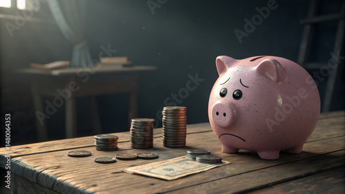 Low Budget Living Represented by Sad Piggy Bank and Few Coins
