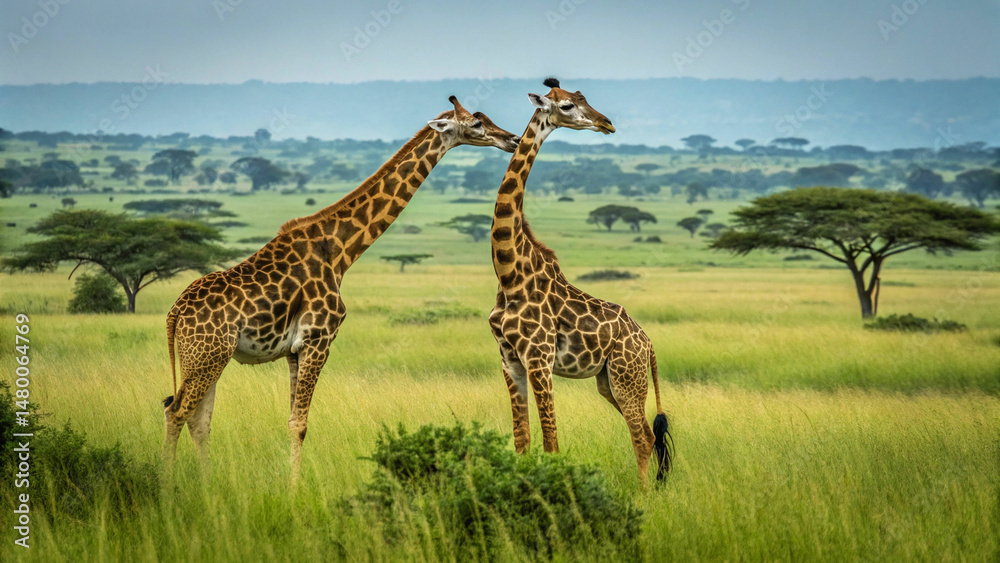 Fototapeta premium two majestic giraffes towering above lush vegetation