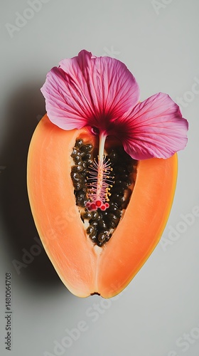A vibrant papaya half, seeds exposed, adorned with a delicate pink hibiscus blossom
