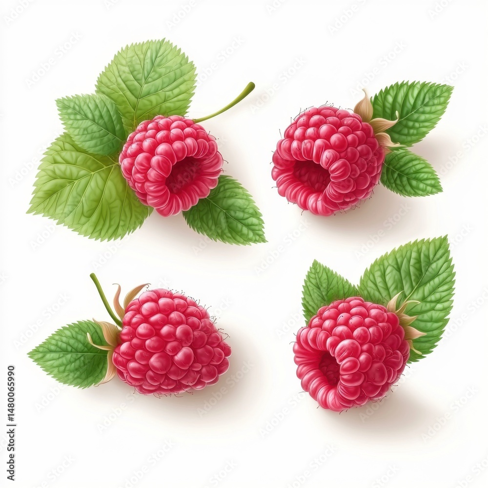 Four ripe raspberries with green leaves on white background studio shot close up food photography for healthy eating and summer fruit concepts Four ripe raspberries with green leaves on white background studio shot close up food photography for healthy eating and summer fruit concepts