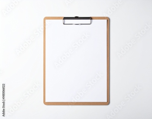 Clipboard Minimalist view of a blank white paper held by a wooden clipboard on a clean white background