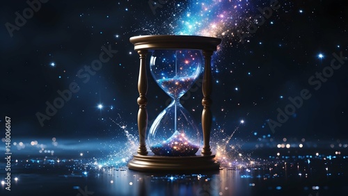 Surreal antique sandglass measures the passing hour with flowing galaxy