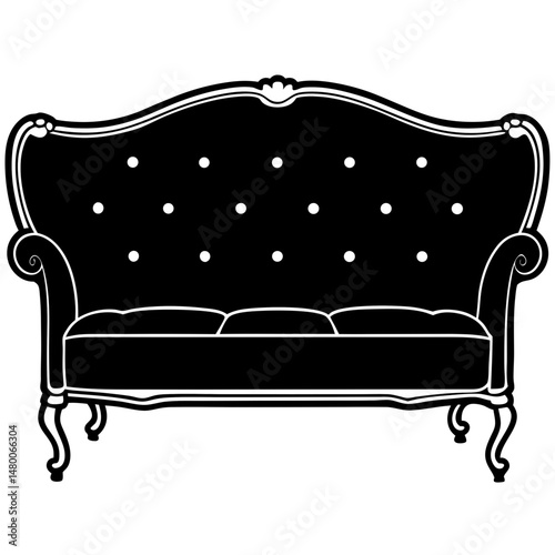 Velvet Tufted Sofa with Gold Accents – Black Silhouette Vector on White
