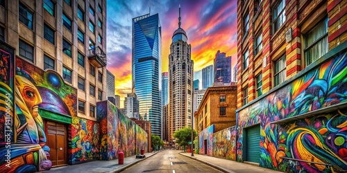 Bustling Cityscape: Skyscrapers, Alleyways & Vibrant Street Art - Stock Photo