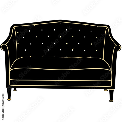 Velvet Tufted Sofa with Gold Accents – Black Silhouette Vector on White