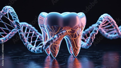 Futuristic 16K 3D DNA helix morphing into tooth structure, symbolizing genetic health and dental care, neon accents, black background, high-tech, ultra-realistic detail.