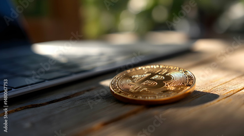 Bitcoin Golden Coin on Wooden Desk Near Laptop Cryptocurrency Investment Technology