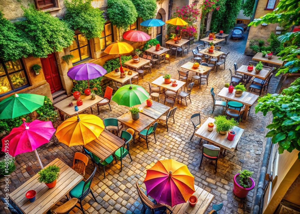 Fototapeta premium Charming European Street Cafe Summer Watercolor, Cozy City Eatery, Outdoor Seating, Umbrellas, Chairs