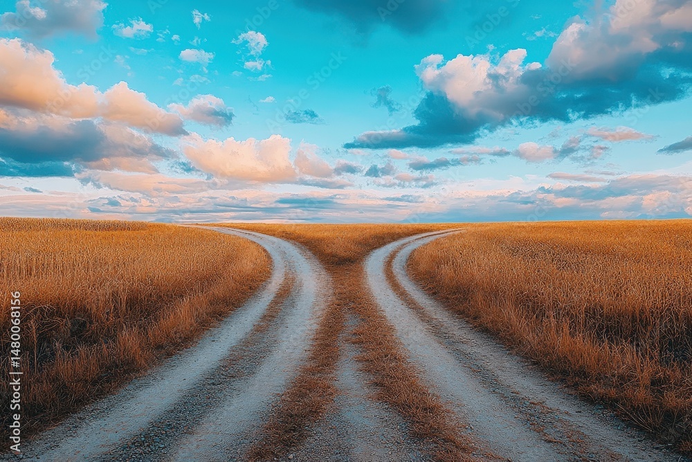 Naklejka premium Winding Dirt Path Through Golden Fields Under a Dramatic Sky at Sunset