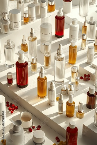 Cosmetic product display.  Various bottles and jars arranged on white surfaces