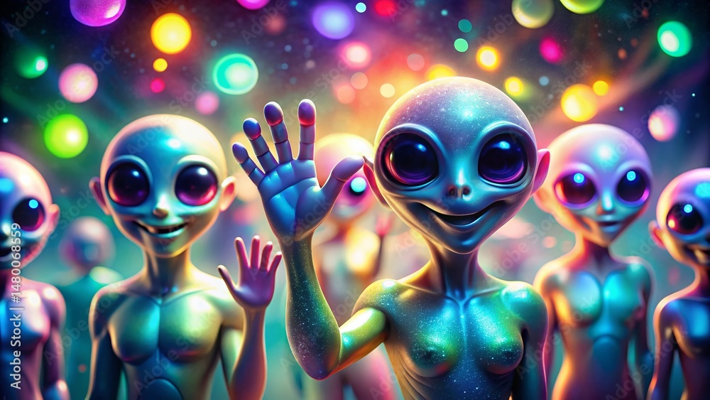 Fototapeta premium Cheerful Aliens Arrive: Bokeh Greeting Card Stock Photo