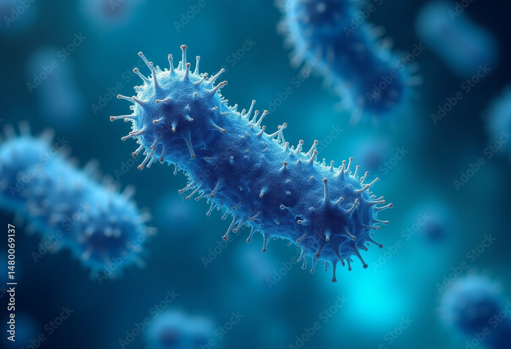Fototapeta premium Floating Rod-Shaped Bacteria in Blue Background