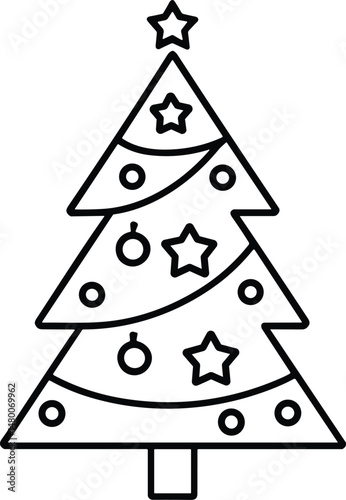 Minimalist Christmas Tree Line Art Vector with Ornaments and Star