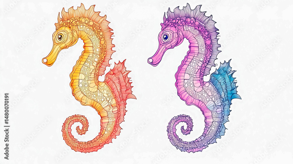 Fototapeta premium Two drawn multi-colored seahorses on a white background. Ai art