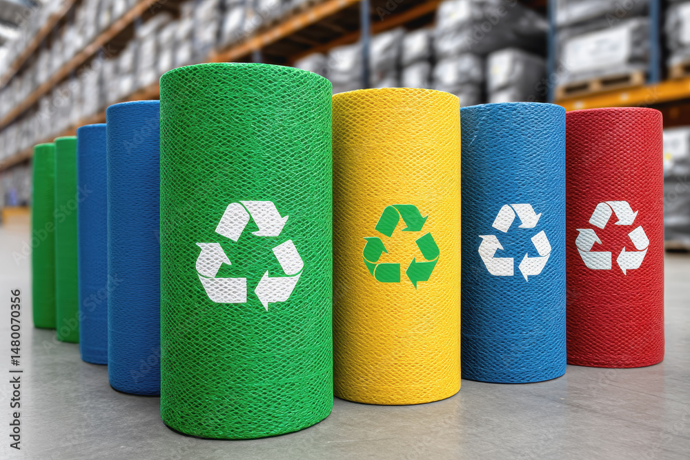 Fototapeta premium Variety of colorful rolls of recycled material showcasing innovative production techniques in sustainable manufacturing