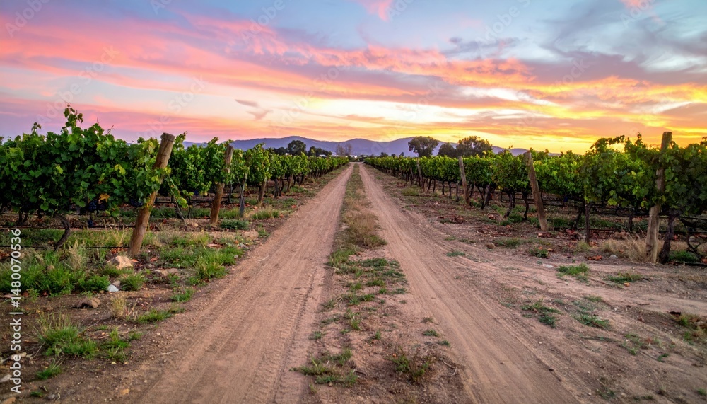 Fototapeta premium Scenic Vineyard Pathway Beneath Colorful Sunset Sky