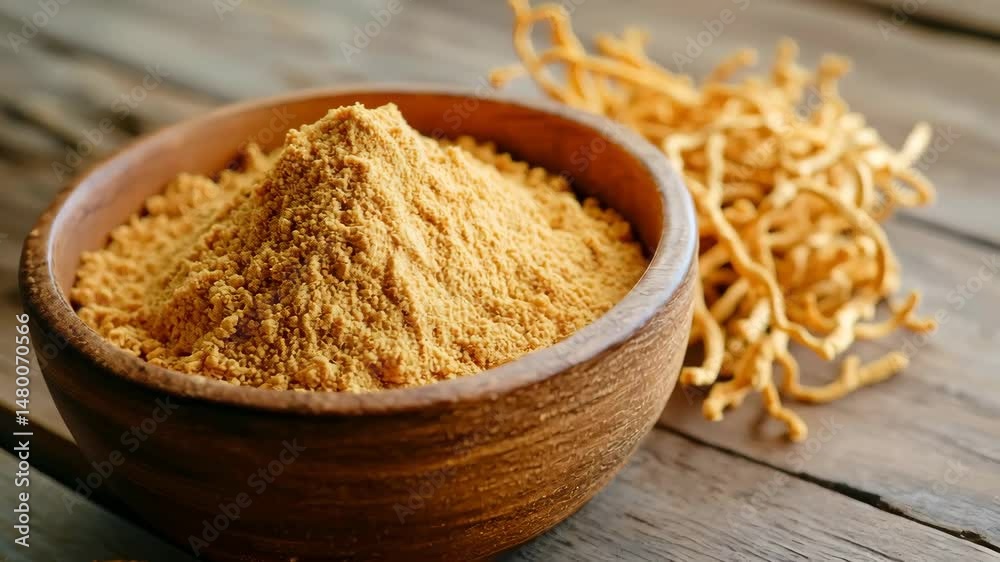Close up of wooden bowl with Cordyceps militaris powder and fruiting bodies on wooden table