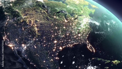 Space earth technology. America in the night and day in planet earth from outer space 3d modeling animation. 3d render