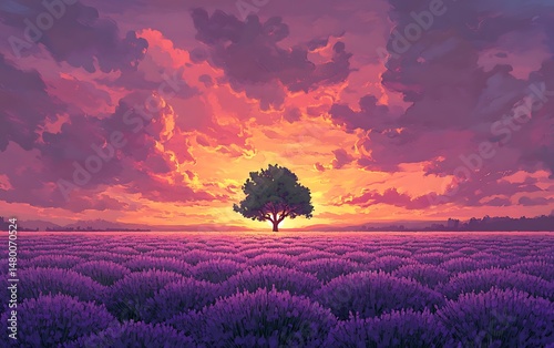 Lavender field and majestic tree meet fiery sunset under a beautiful purple sky