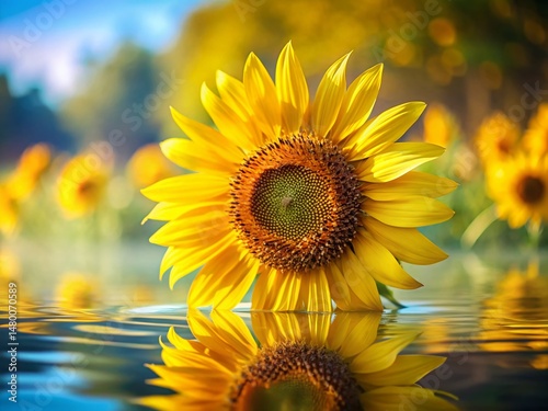 Close-Up Half Sunflower Reflection in Water - Tilt-Shift Macro Photography