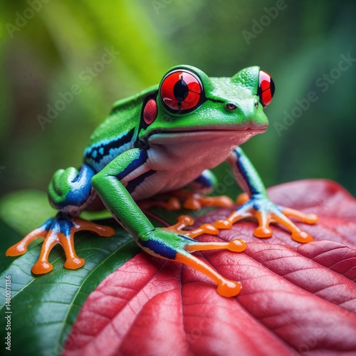 Red-Eyed Tree Frog Resting on Vibrant Leaf in the Rainforest