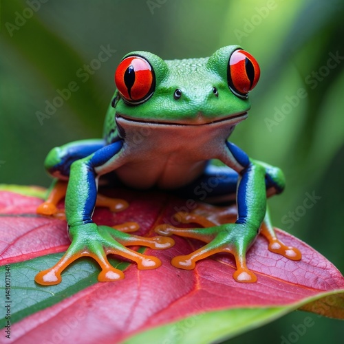 Red-Eyed Tree Frog Resting on Vibrant Leaf in the Rainforest