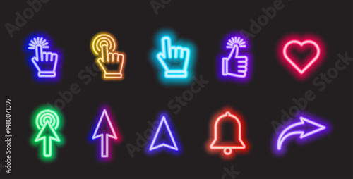 Social icon neon. Colored neon buttons. Like, share, subscribe, arrow. Vector illustration
