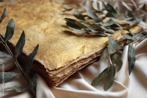 Aged, golden-toned, layered, handcrafted book pages, adorned with foliage.