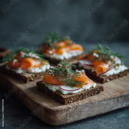 Scandinavian open-faced rye sandwiches with smoked salmon and dill