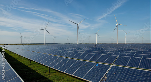 Renewable energy landscape featuring solar panels and wind turbines under clear blue sky