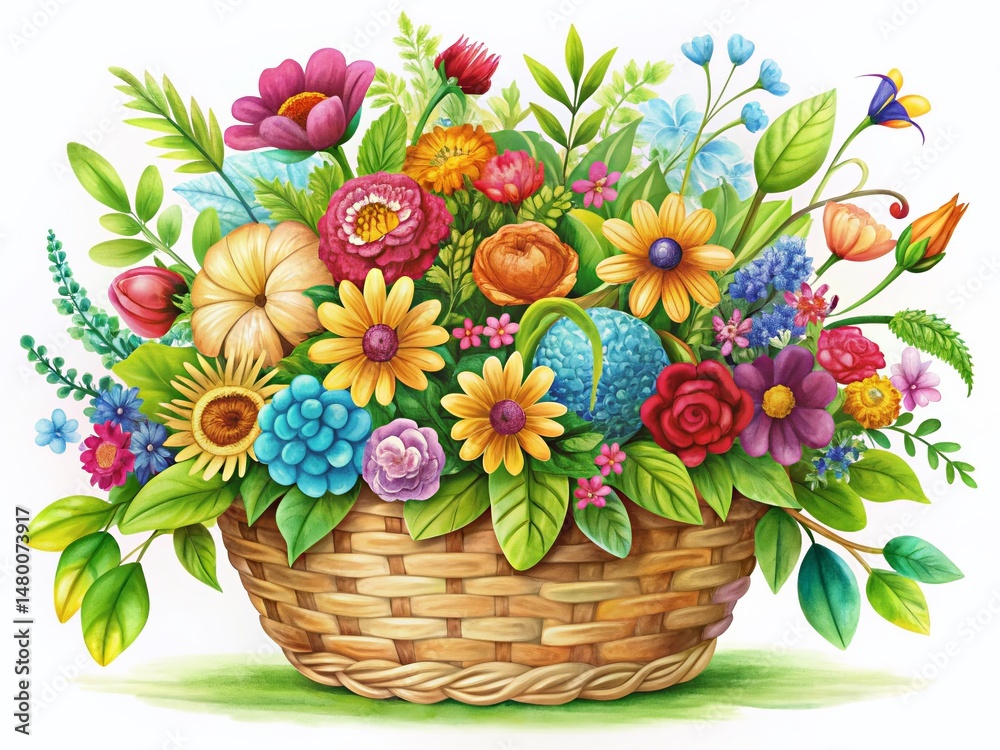 Obraz premium Colorful Plant Basket Illustration: Vibrant Spring Flowers in Woven Container