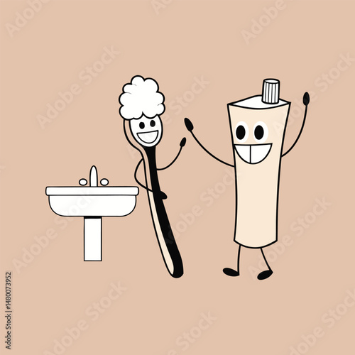 Cartoon toothbrush and toothpaste characters giving a high five illustration