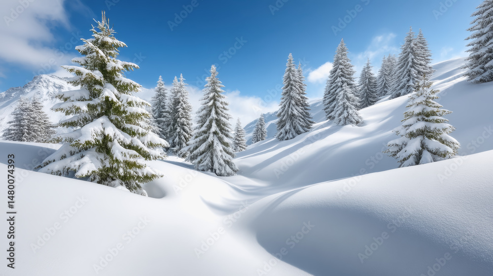 Serene snowy landscape with majestic trees blanketed in white snow creating a winter wonderland scene Serene snowy landscape with majestic trees blanketed in white snow creating a winter wonderland scene