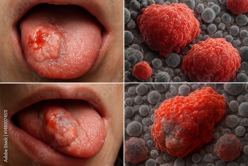 Tongue displays ulcerated cancerous lesion accompanied by tumor cells in a fourpanel comparison