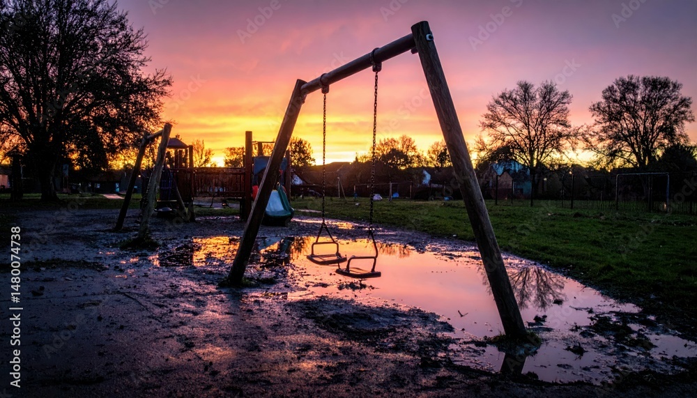 Fototapeta premium Sunset Reflection in Empty Playground with Swing Set and Water