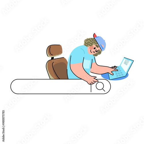 Search bar, Find. Boy men persses a magnifying glass icon by finger. Cartoon character, office chair and laptop. Vector illustration, editable graphic lines.
