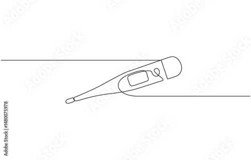 One continuous line drawing of medical thermometer, Continuous one line drawing of thermometer for measuring air temperature on white background, one continuous line drawing of a thermometer.