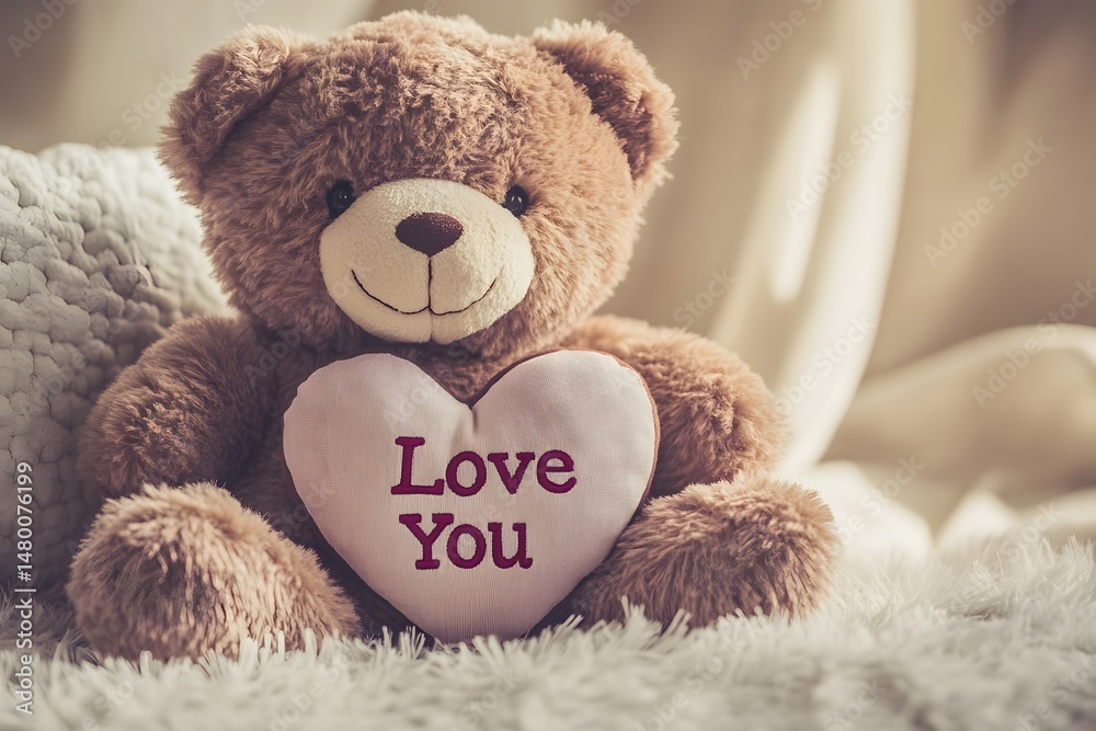 Adorable teddy bear with a heart shaped pillow expressing sentimental love and affection Adorable teddy bear with a heart shaped pillow expressing sentimental love and affection