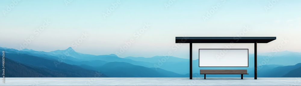 Fototapeta premium Minimalist bus stop blank billboard bench modern design outdoor mountain view blue sky peaceful empty tranquil