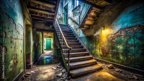 Creepy Abandoned Building Dilapidated Stairwell Shadowy Corridor Stock Photo