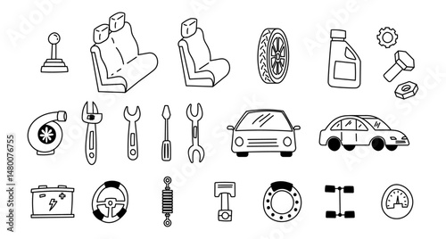 car engine parts doodle hand drawing icon