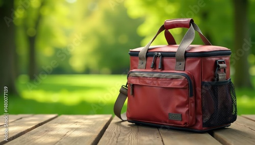 A sleek, insulated cooler bag sits on a rustic wooden surface Perfect for picnics and outdoor adventures , modern, white