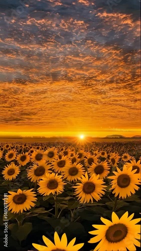 Golden Sunset's Embrace: A field of sunflowers basks in the warm embrace of a golden sunset, creating a scene of serene beauty and natural vibrancy.