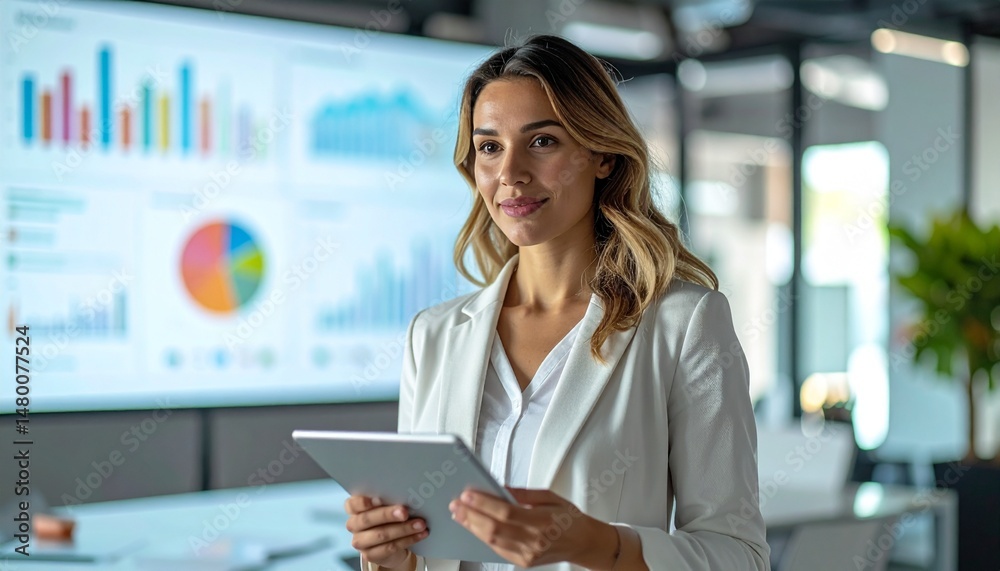 Fototapeta premium Woman with tablet in modern office with graphs and charts displayed in the background