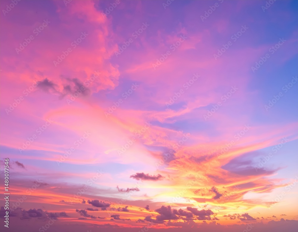 Fototapeta premium A breathtaking sunset paints the sky in vibrant shades of pink, with wispy clouds softly illuminated, creating a serene and dreamy atmosphere.