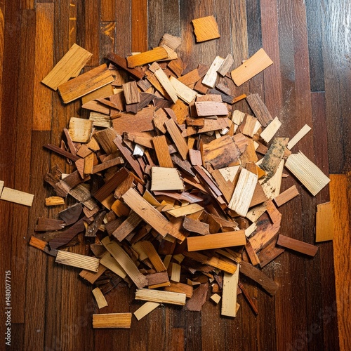 Pile of wood scraps on a wooden floor photo