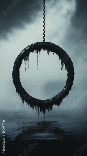 Dark Suspended Ring with Dripping Elements Against Stormy Sky