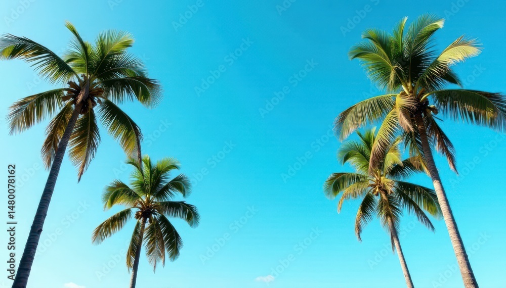 Obraz premium Tall coconut palms against a vibrant blue sky, foliage, summer, coconut palm